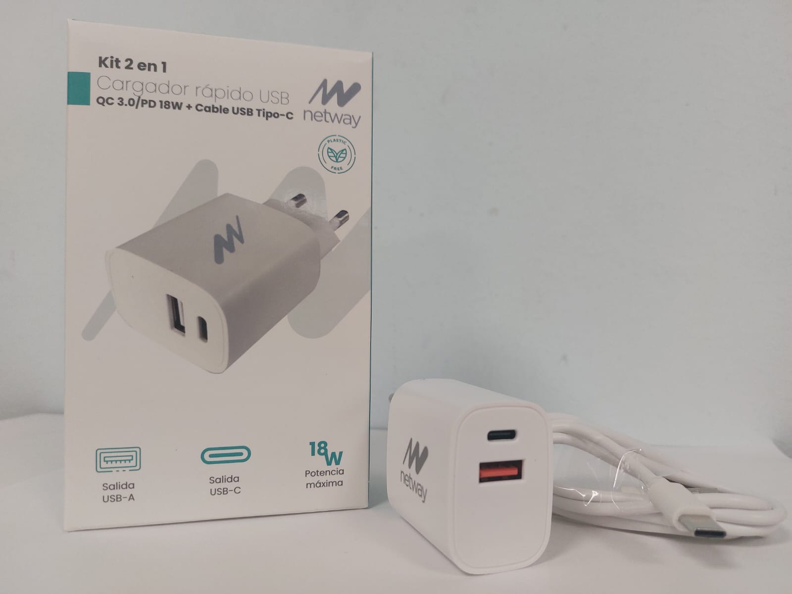 CARGADOR PARED NETWAY USB-A/USB QC 3.0 + CABLE TIPO C