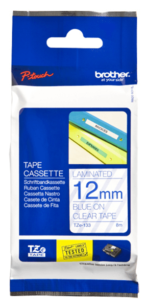 TZE-133 LAMINATED TAPE 12MM 8M BLUE ON CLE AR