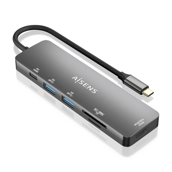 AISENS USB C Dock 6 EN 1 USB C a 1xHDMI 2xUSB A 1xUSB C PD 100W 1xSD 1xMicro SD Gris 15cm