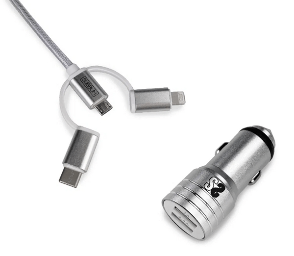 CARGADOR DE COCHE 2 X USB + USB 3 EN 1 2.4 A PLATA