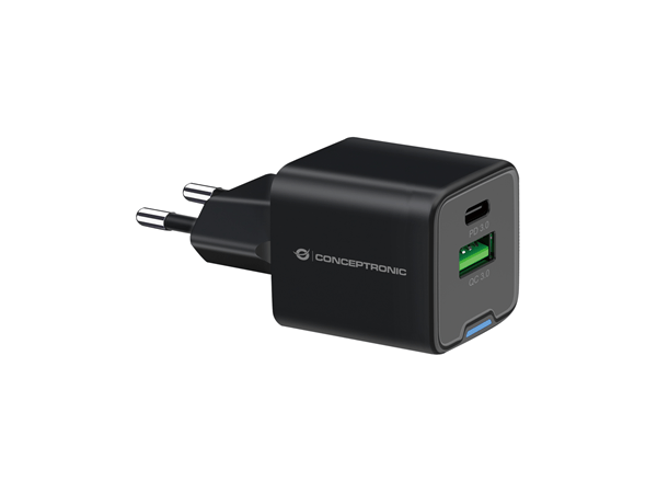 CARGADOR DE PARED CONCEPTRONIC USB-C x1 USB-Ax1 QUICKCHARGE 3.0 GaN PPS 20W COLOR NEGRO