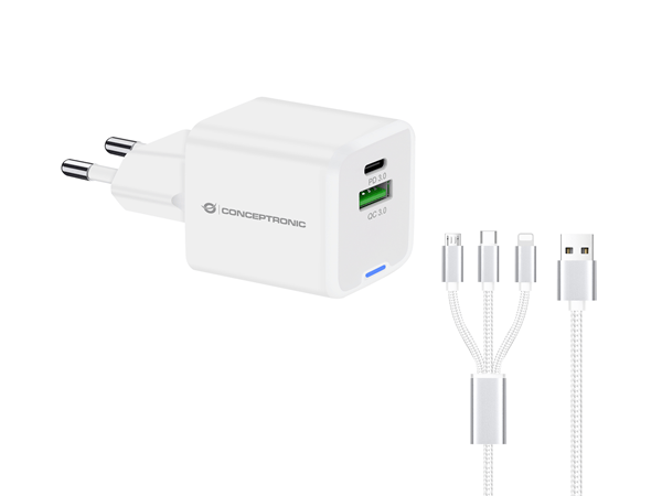 CARGADOR DE PARED CONCEPTRONIC USB-C x1 USB-Ax1 QUICKCHARGE 3.0 GaN PPS 33W INCLUYE CABLE 3-1 BLANCO