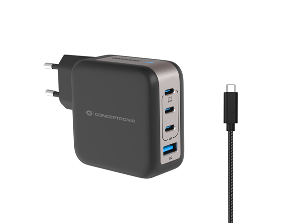 CARGADOR DE PARED CONCEPTRONIC USB-C x3 USB-Ax1 QUICKCHARGE 3.0 GaN PPS 100W INCLUYE CABLE NEGRO