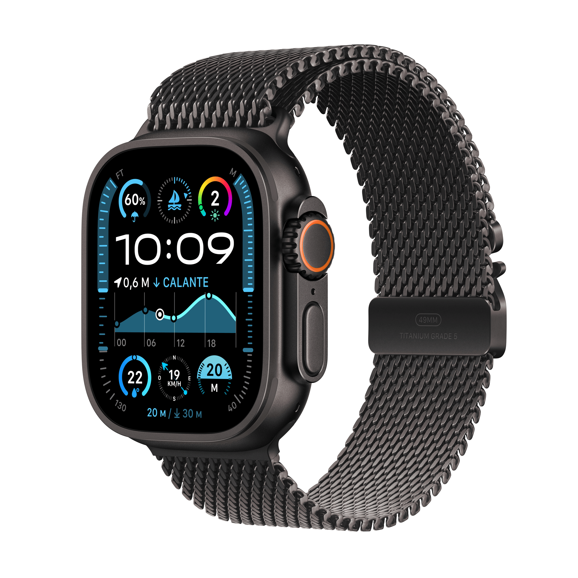 apple watch ultra 2 (2024), gps + cellular, 49 mm, caja de titanio negro, gesto doble toque, correa titanium milanese lo