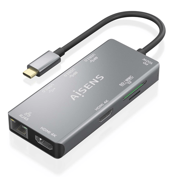 aisens usb c dock 9 en 1  usb c a 2xhdmi  1xrj45  2xusb a usb3 0  1xusb a usb2 0  1xusb c pd  1xsd  1xmicro sd  gris  15cm