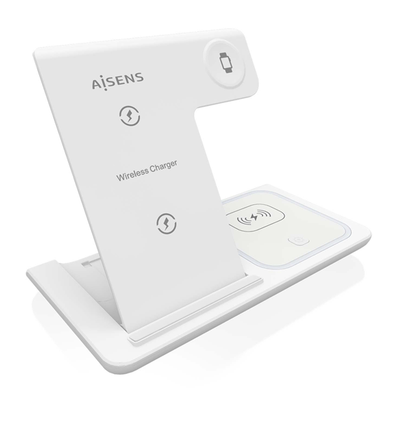 AISENS Cargador Inalambrico USB C 3 En 1 De 15W Para Movil Apple Watch Ariculares Con Estuche De Carga Blanco