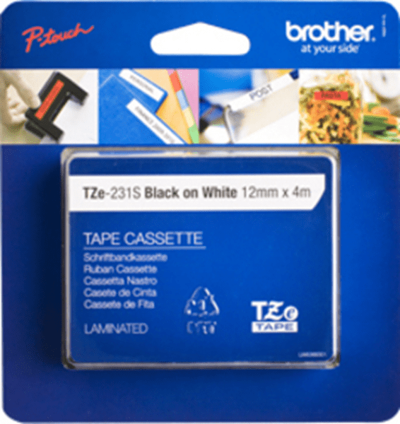 TZE231S 12mm Black on White Tape 4m