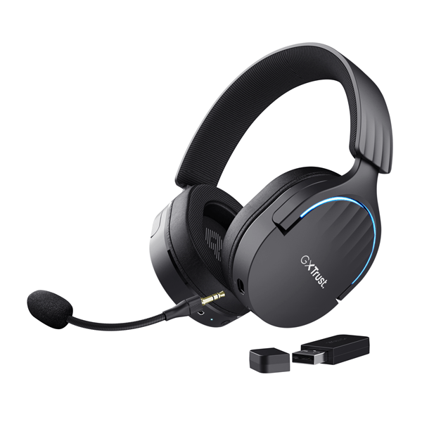 headset bluetooth trust gaming fayzo gxt 491 negro 24901 bt y usb 2.4ghz microfono desmontable y flexible carga usb-c controles en la oreja rgb