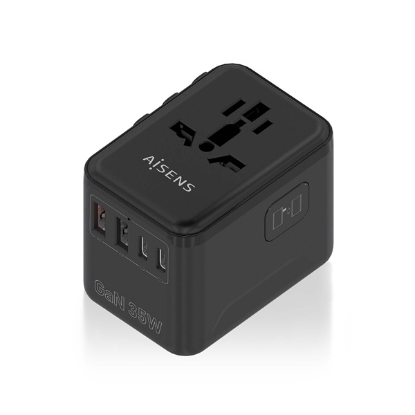 AISENS Adaptador Enchufe Universal Para Viaje EU USA UK AU Con Cargador USB GaN 2xUSB A A1 QC3 0 3xUSB C C1 PD3 0 35W Negro