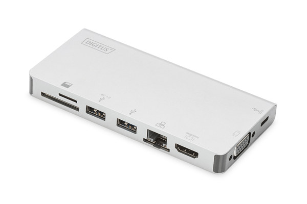 usb-c multiport travel dock  8 port 2x video  2x usb-c  2x usb3.0  rj45 2x card reader micro sd  sd mmc  plateado