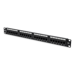 Cat 6, Class E Patch Panel, unshielded 24-port RJ45, 8P8C, LSA, 1U, rack mount, color black RAL 9005