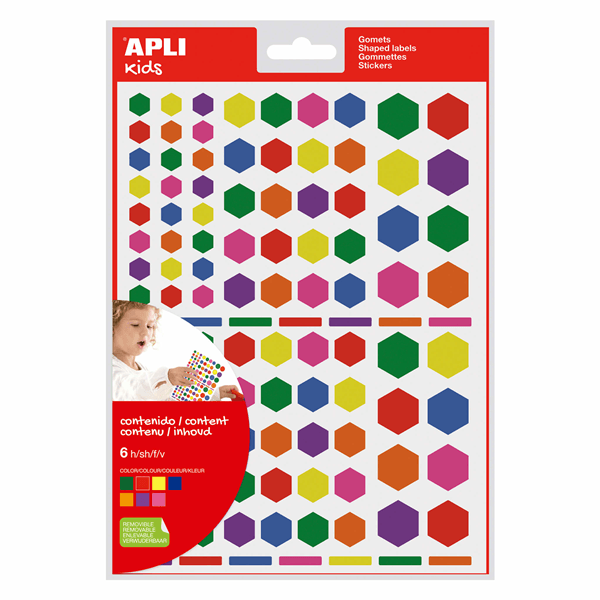 BOLSA 6 HOJAS GOMETS HEXAGONALES REMOVIBLES MULTICOLOR APLI 18768