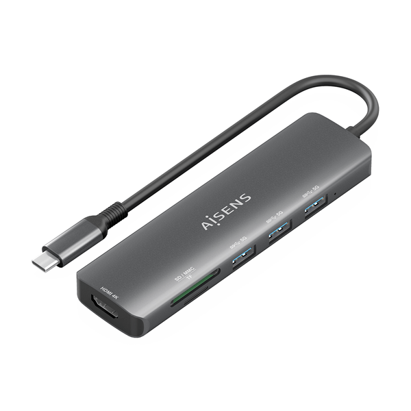 AISENS USB C Dock 6 en 1 USB C A 1x HDMI 3x USB A 1x SD 1x MicroSD Gris 15cm