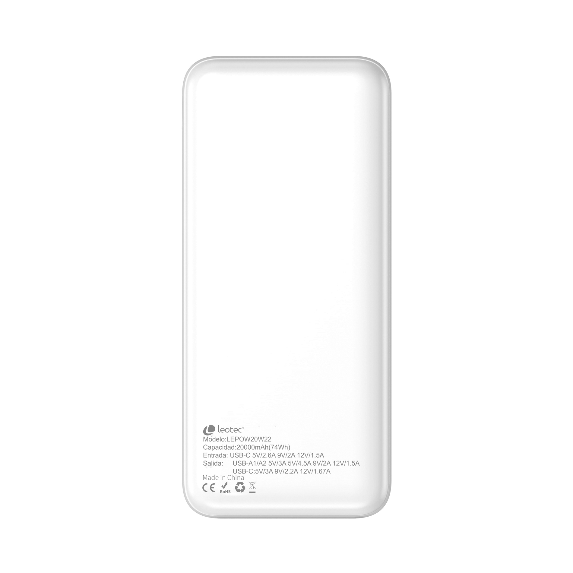 LEOTEC POWERBANK 20000mAh 22,5W PD20W Carga rapida Blanco (1 salida USB-C + 2 salidas USB-A, incluye cable USB-A a USB-C de 22,5W)