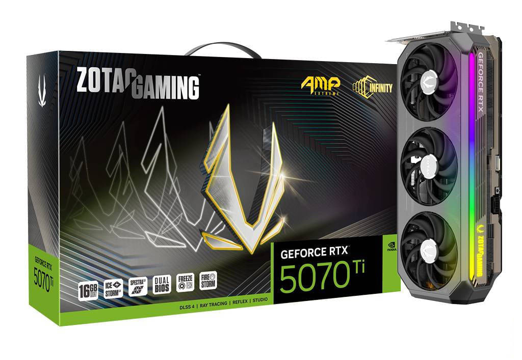 Tarjeta Gráfica ZOTAC RTX 5070 TI AMP EXTREME INFINITY,NV,RTX5070TI,16GB,GDDR7,256BIT,1HDMI+3DP,3 VENTILADORES (ZT-B50710B-10P)
