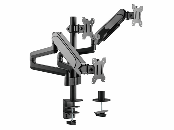 SOPORTE PANTALLA PARA MESA TRES BRAZOS 3 PANTALLAS 17" - 27" ALUMINIO MUELLE DE GAS INCLINABLE Y GIRATORIO MAX, VESA 100X100