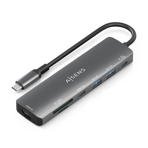 AISENS USB C Dock 7 en 1 USB C A 1x HDMI 2x USB A 1x USB C 1x USB C PD 100W 1x SD 1x MicroSD Gris 15cm