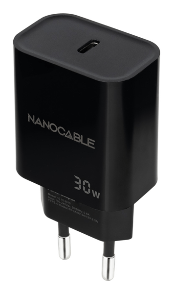 CARGADOR USB PARED NANO CABLE USB-C/PD 30W NEGRO