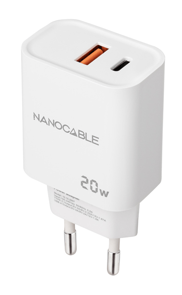 CARGADOR USB PARED NANO CABLE USB-C/PD + USB-A/QC 20W BLANCO