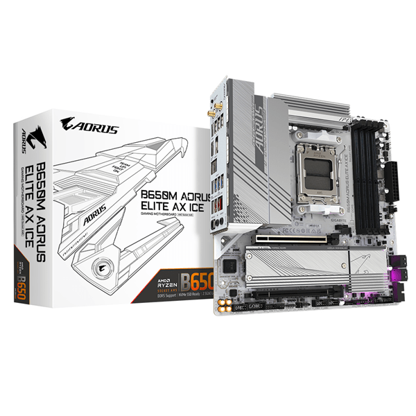 GIGABYTE AMD B650M AORUS ELITE AX ICE Placa base - AMD Ryzen serie 9000, VRM de 12+2+2 fases, hasta 8000 MHz DDR5 (OC), 1xPCIe 5.0 + 1xPCIe 4.0 M.2,