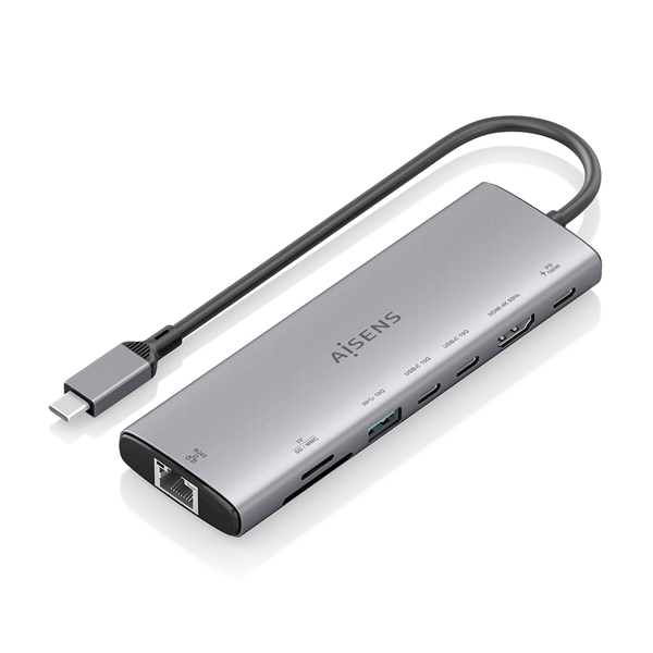 AISENS USB C Dock 8 en 1 USB C a 1xHDMI 1xRJ45 1xUSB A 10G 2xUSB C 10G 1xSD 1xMicroSD 1xUSB C PD 100W Gris 20cm