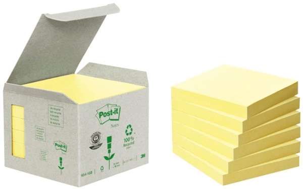 PACK 6 BLOCS 100 HOJAS NOTAS RECICLADAS ADHESIVAS 76X76MM AMARILLO CAJA CARTON 654-1B POST-IT 7100172252