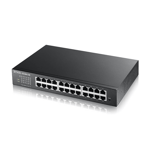 GS1900-24E v3 24-puertos GbE L2 Smart Switch escrtorio sin ventilador. IPv6 VLAN. No gest en Nebula. Cable CA kit de montaje pared y rack