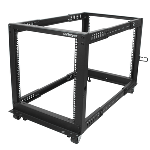 Caja-STARTECH--Rack-de-Marco-Abierto-con-Profundidad-Ajustable-de-4-Columnas-12U-y-19-Pulgadas-con-Ruedas-Niveladores-y-Anillas-de-Gestion-de-Cableado---Armario-Rack-Autoportante-con-Ruedas----4POSTRACK12U---Negro