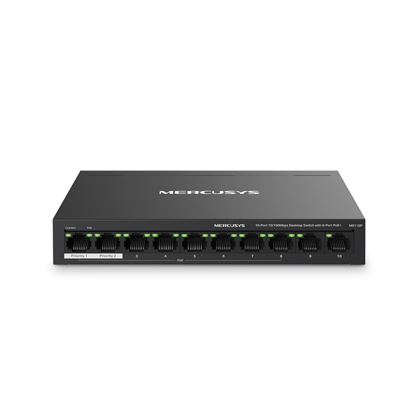 SWITCH POE+ NO GESTIONABLE MERCUSYS MS110P 10P 10/100 CON 8P POE+ 65W ETHERNET MINI DESKTOP