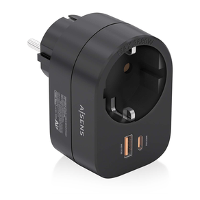 REGLETA-PARED-AISENS-1-TOMA-USB-C-20W-PD3.0-USB-A-20W-QC3.0-NEGRO