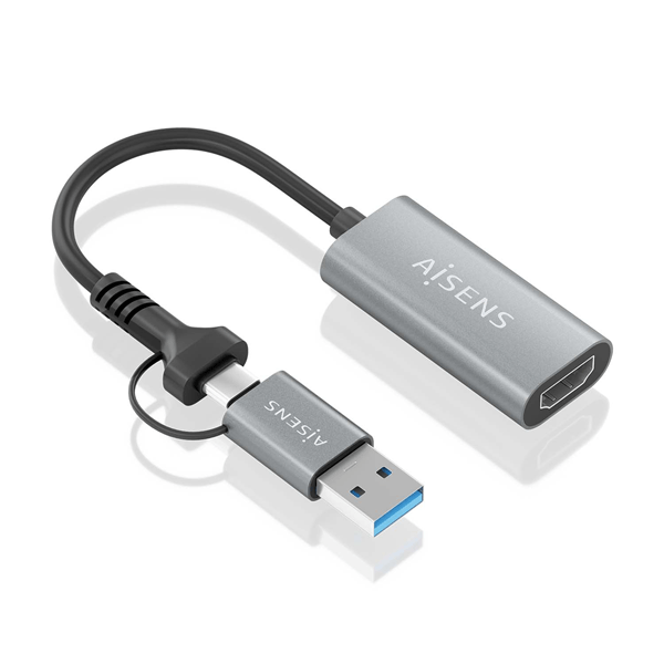 AISENS Conversor Aluminio USB A USB C A HDMI 1080P 60Hz USB A M USB C M HDMI H Gris 15cm