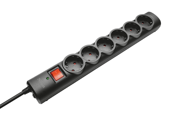 REGLETA TRUST - 6 TOMAS SCHUKO - PROTECCION - INTERRUPTOR ON/OFF - COLOR NEGRO 21059