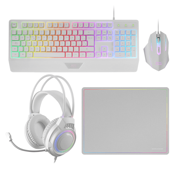 TECLADO MOUSE HEADSET Y ALFOMBRILLA MARS GAMING MCP124PROWES H-MECH RGB 3200DPI BLANCO