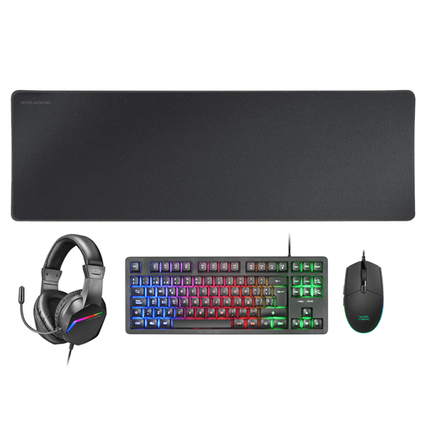 PACK TECLADO MOUSE HEADSET Y ALFOMBRILLA MARS GAMING MCP-RGB3 BLACK TECLADO TKL H-MECH RED MOUSE RGB FLOW 3200DPI HEADSET FRGB ANC ALFOMBRILLA XXL