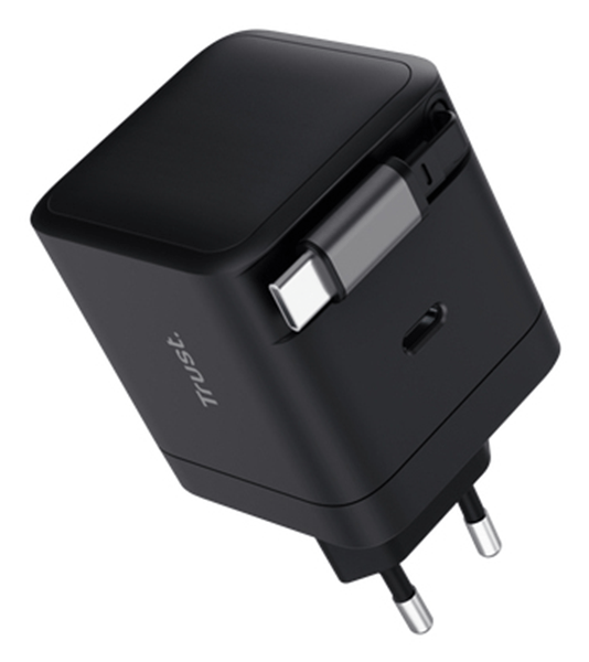 CARGADOR USB-C TRUST MAXO 65W PD CABLE SOLDADO RETRACTABLE 2XUSB-C NEGRO