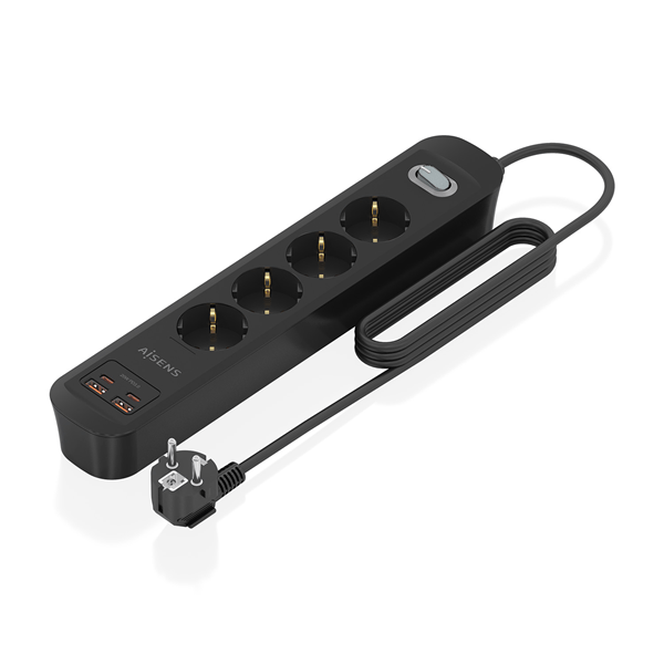 AISENS Regleta de Enchufes Multifuncion con 4 Tomas Cargador PD3 0 20W 2xUSB C 2xUSB A 1 4m Negro