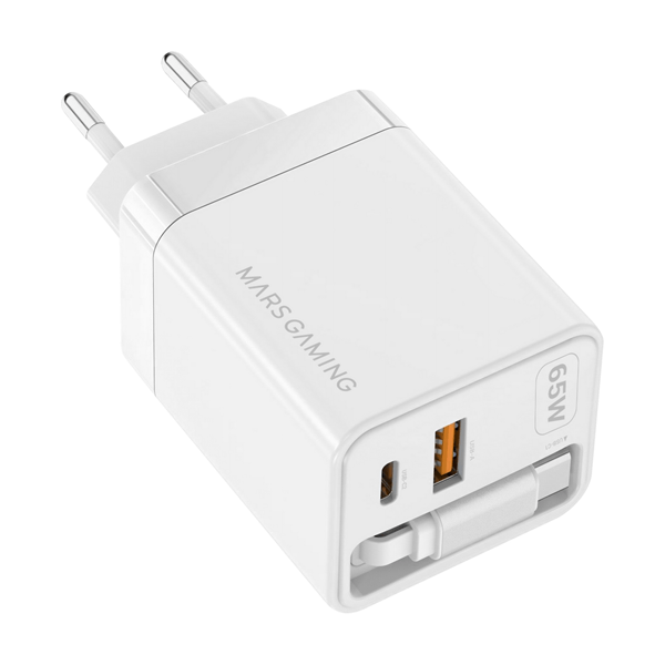 CARGADOR USB GAN MARS GAMING MD-GAN65RW 65W 1xUSB-C 1xUSB-A CABLE RETRACTIL PD COLOR BLANCO