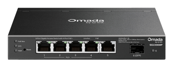 SWITCH POE+ NO GESTIONABLE TP-LINK SG2206MP 6P 5xRJ45 1Gbps 4xPoE+ 1xSFP Gbps 63W