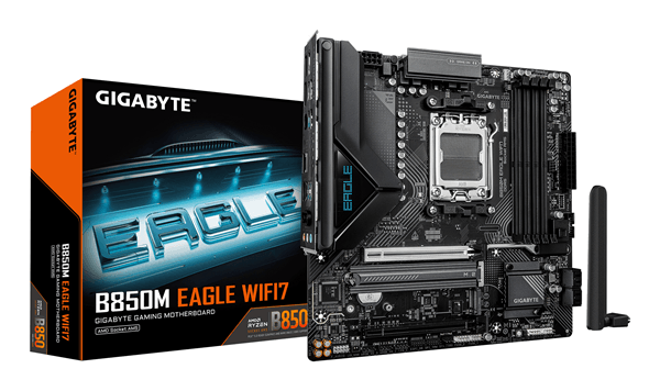 Placa AMD GIGABYTE B850M EAGLE WIFI7 Placa Base – CPUs AMD Ryzen Serie 9000, VRM digital de 8+2+2 fases, hasta 8200 MHz DDR5 (O.C.), 1× M.2 PCIe