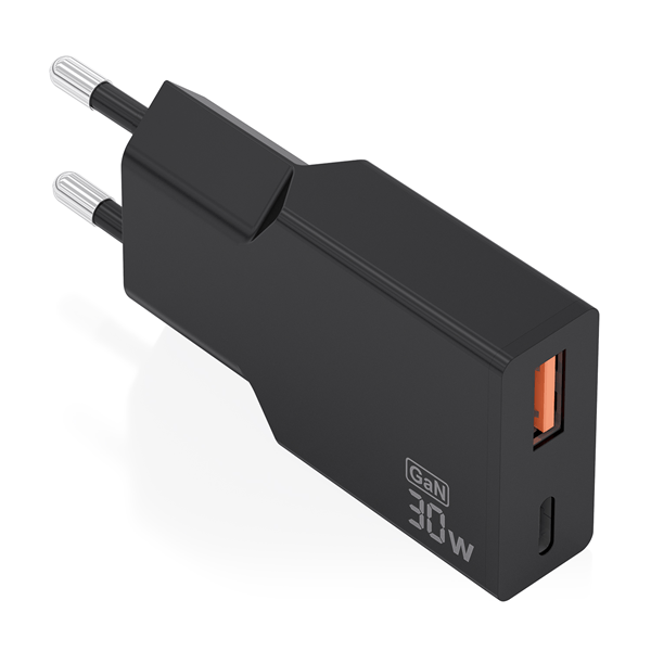 AISENS - CARGADOR ULTRA DELGADO GaN 30W, 1xUSB-C PD3.0 QC4.0, 1xUSB-A QC3.0, NEGRO