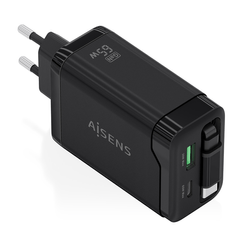 AISENS Cargador GaN 65W  1xUSB C Cable Retractil  1xUSB C PD3 0  1xUSB A QC3 0  Negro