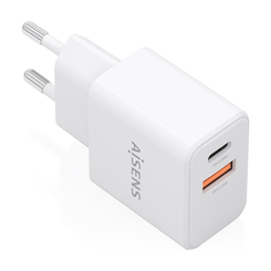 AISENS - CARGADOR GaN 20W, 1xUSB-C PD3.0, 1xUSB-A QC3.0, BLANCO