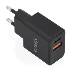 AISENS - CARGADOR GaN 20W, 1xUSB-C PD3.0, 1xUSB-A QC3.0, NEGRO