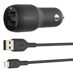 Dual USB-A Car Charger w/1M PVC A-LTG