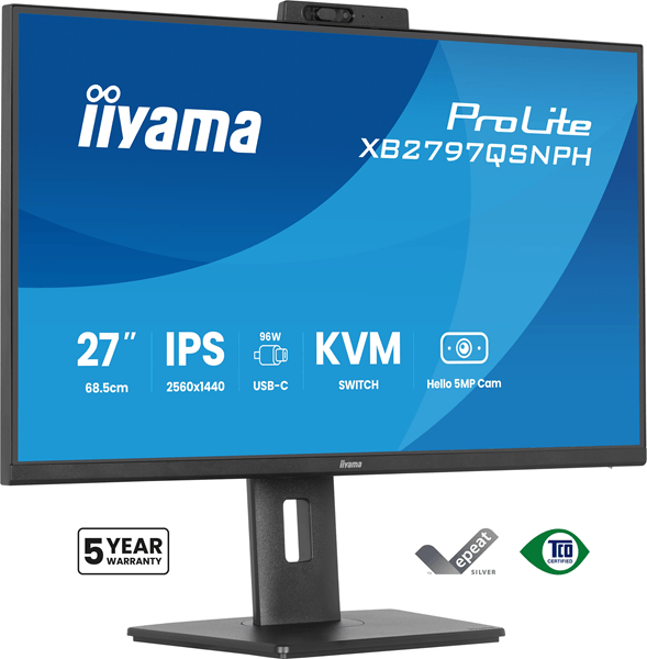 MONITOR IIYAMA 27" CON CAMARA INTEGRADA DE 5 MP COMPATIBLE CON WINDOWS HELLO, MICROFONO, DOCK USB-C, LAN, CONMUTADOR KVM Y SOPORTE AJUSTABLE EN A
