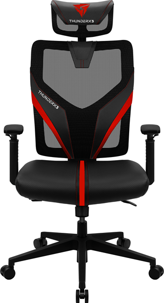 SILLA ERGONÓMICA THUNDERX3 YAMA1 NEGRA CON DETALLES EN ROJO SOPORTE LUMBAR AJUSTABLE Y REJILLA TR