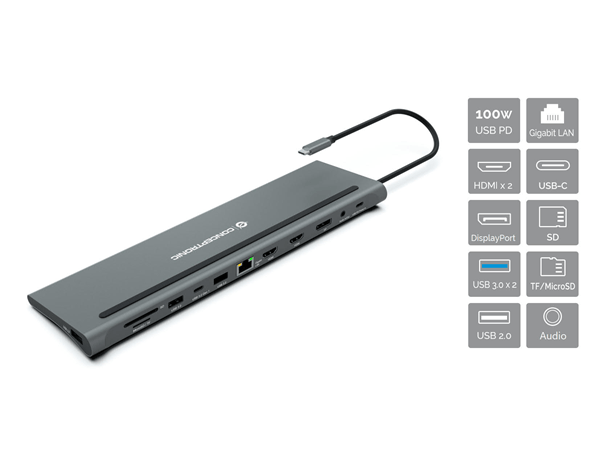 ADAPTADOR USB-C 12IN1 CONCEPTRONIC HDMIx2 DISPLAYPORT GIGABIT USB-C DATOS USB-A AUDIO LAN LECTOR TARJETAS DONN15G