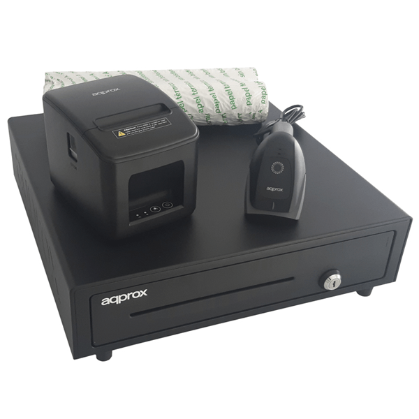 KIT TPV APPROX CAJON APPCASH01 NEGRO + SCAN APPLS22 + IMP. TERM. APPPOS80AM-USB + PAPEL CYT8060BPA