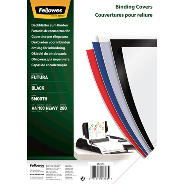 PACK 100 PORTADAS POLIPROPILENO NEGRO 280 MICRAS A4 FELLOWES 5476603