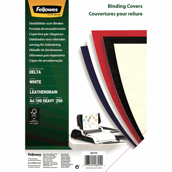 PACK 100 PORTADAS SIMIL PIEL A4 250 GR. BLANCO FELLOWES 5370104